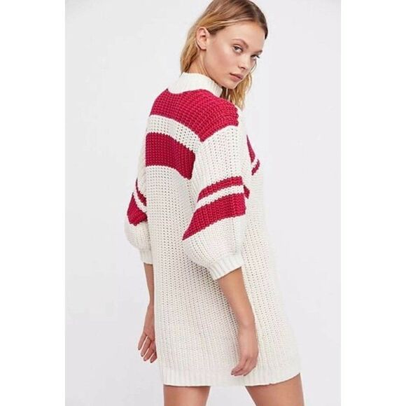NEW FREE PEOPLE Sz S CENTER TWIST CABLE KNIT MINI SWEATER DRESS IVORY - Picture 2 of 3